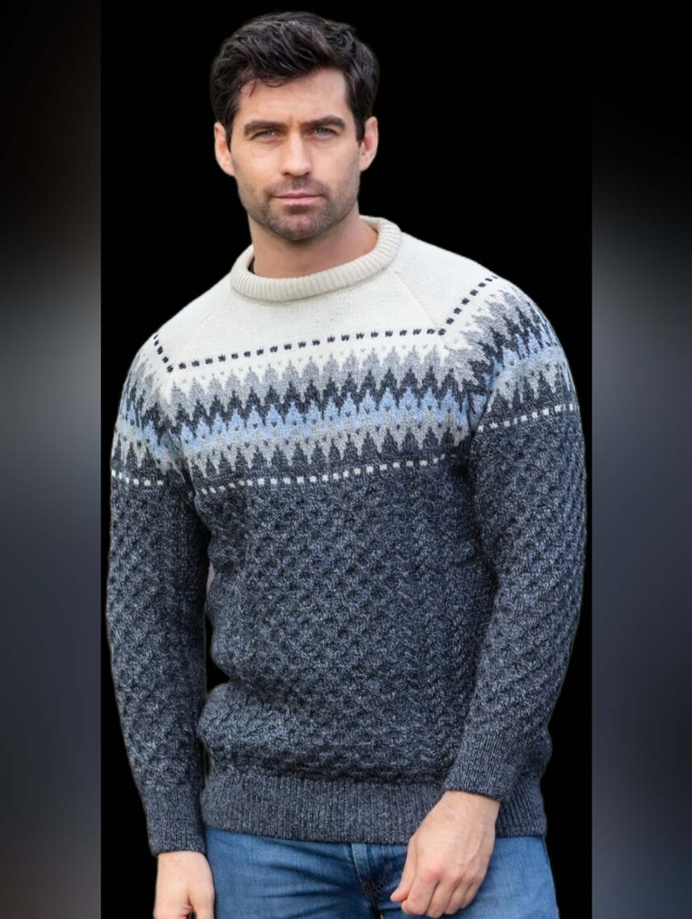 Original ARAN Men's Gray and Cream Fair Isle 100%Merino  Wool Knit Sweater Xl